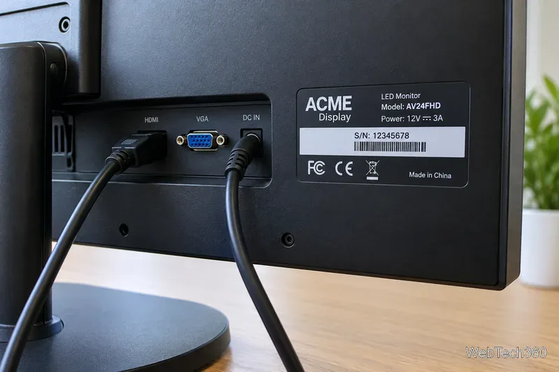 Rear of a desktop monitor with an example product label showing a model number and serial number