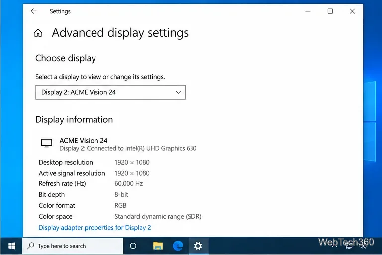 Windows 10 Advanced display settings showing a selected monitor and its display information