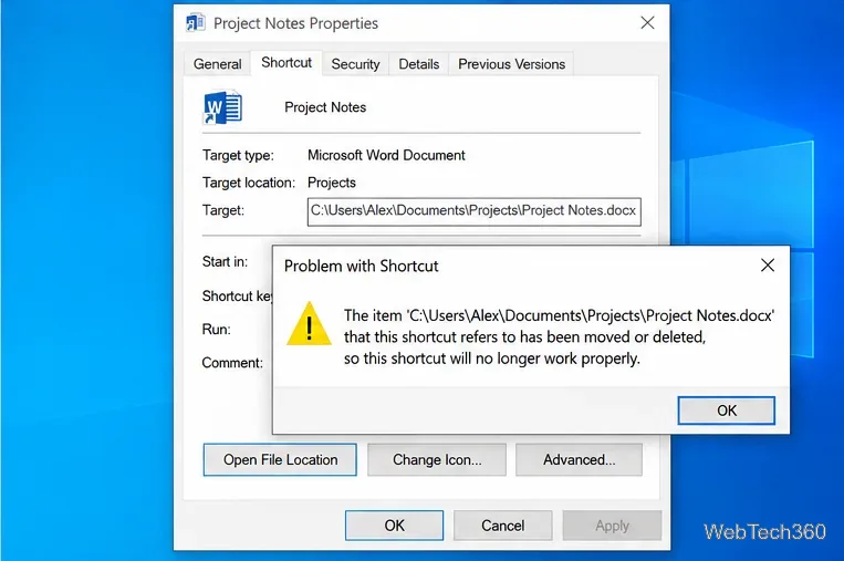 Проблема в Windows 10: предупреждение о ярлыке, указывающее на то, что целевой файл был перемещен или удален.