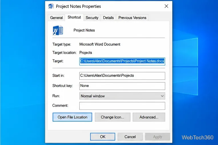 В окне «Свойства ярлыка» Windows 10 на вкладке «Ярлык» выделен целевой путь.