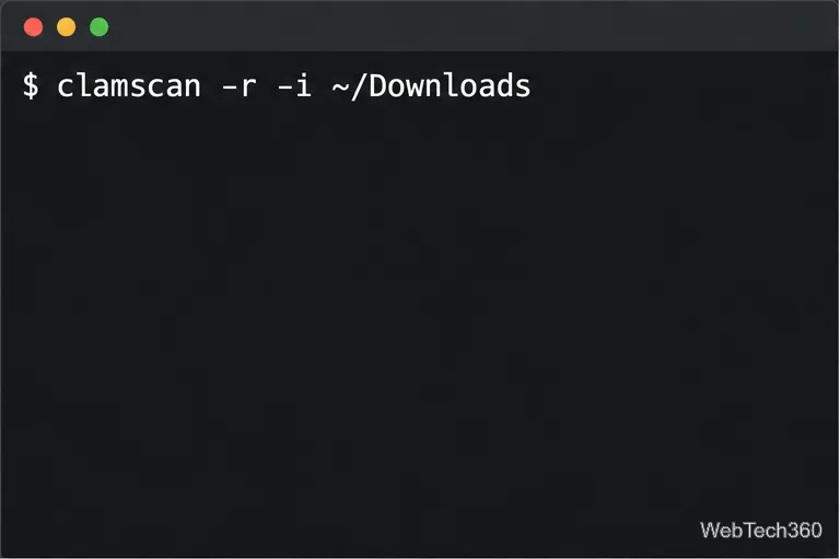 Terminal Linux pokazujący rekurencyjne skanowanie folderu Pobrane przez ClamAV.