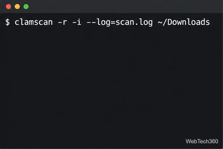 Terminal Linux pokazujący rekurencyjne skanowanie pobrań i zapisywanie raportu w pliku scan.log.