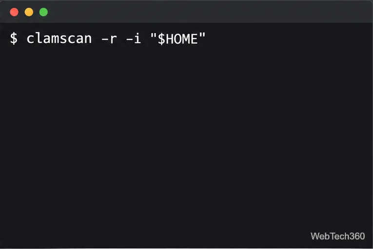 Terminal Linux pokazujący rekurencyjne skanowanie katalogu domowego bieżącego użytkownika za pomocą ClamAV.