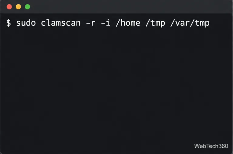 Terminal Linux pokazujący uprzywilejowane skanowanie ClamAV katalogów /home, /tmp i /var/tmp.