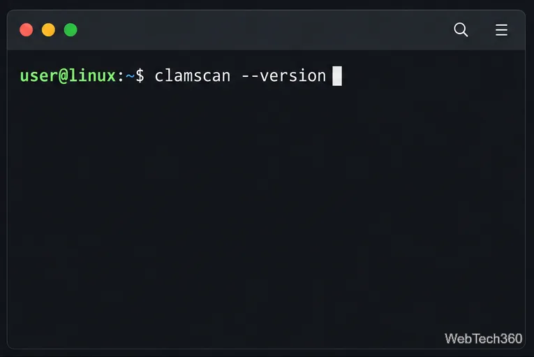 Terminal Linux pokazujący polecenie clamscan --version w celu sprawdzenia, czy ClamAV jest zainstalowany.