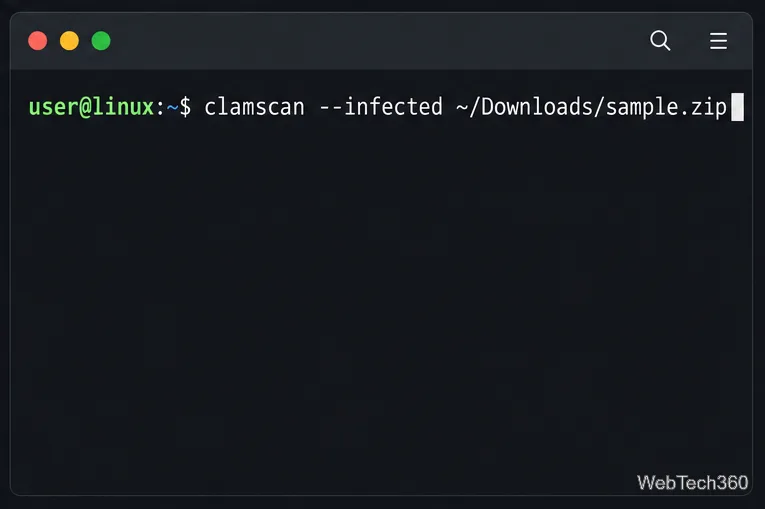 Terminal Linux pokazujący, że ClamAV skanuje jeden plik ZIP w folderze Pobrane.