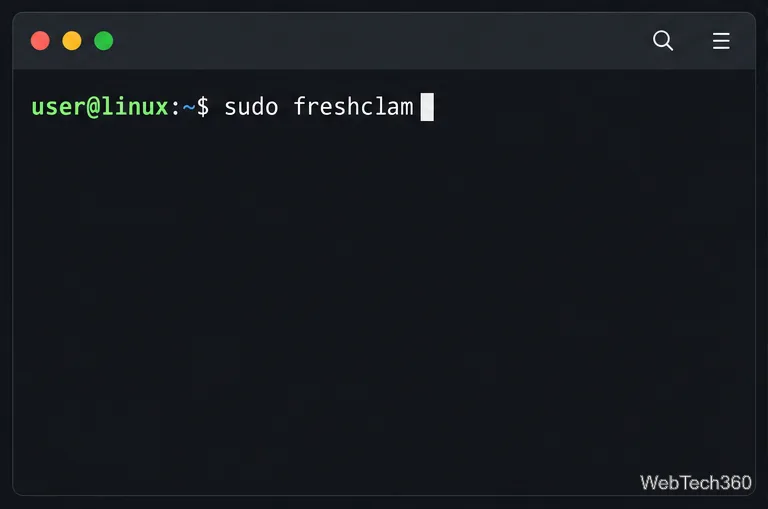 Terminal Linux pokazujący polecenie sudo freshclam w celu aktualizacji podpisów ClamAV.