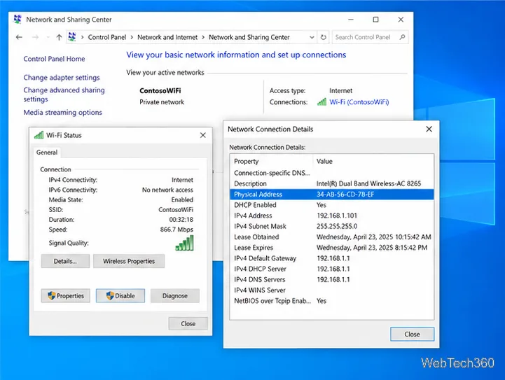 A Central de Rede e Compartilhamento do Windows, com o Status do Wi-Fi e os Detalhes da Conexão de Rede abertos, destaca o Endereço Físico.