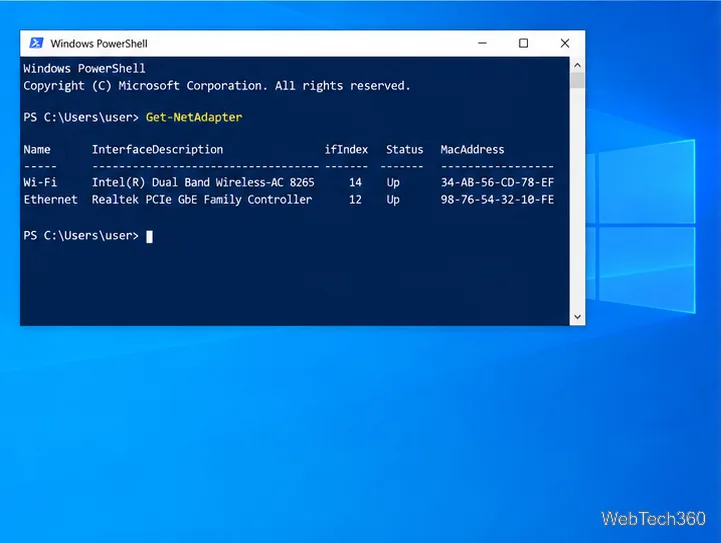 O Windows PowerShell exibe os resultados do comando Get-NetAdapter, incluindo nomes de adaptadores, status e endereços MAC.