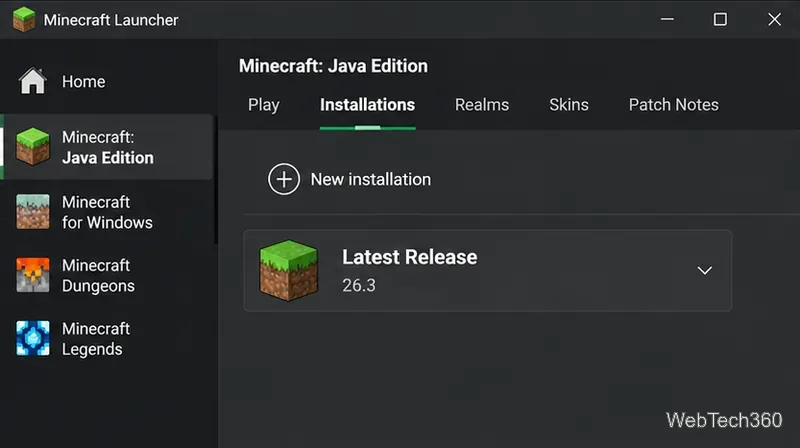 La scheda Installazioni di Minecraft Launcher Java Edition mostra il profilo dell'ultima versione e il relativo numero di versione.