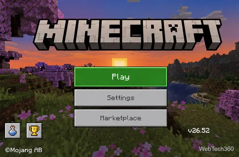 Menu principale di Minecraft Bedrock Edition con il numero di versione visualizzato nell'area in basso a destra