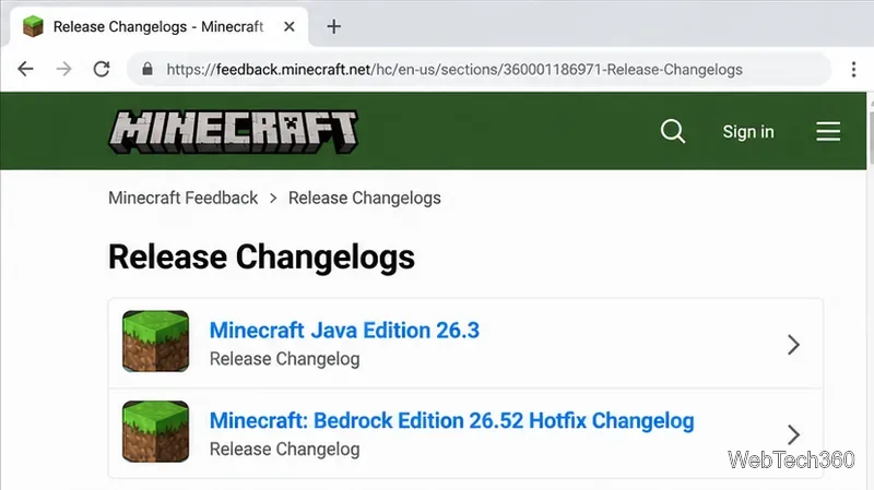 Pagina ufficiale del registro delle modifiche di Minecraft che elenca le hotfix per Java Edition 26.3 e Bedrock Edition 26.52.
