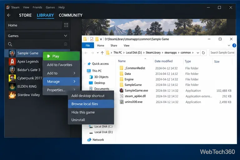 Meniul Gestionare Bibliotecă Steam cu Răsfoire fișiere locale selectat și Explorator de fișiere deschis într-un folder de joc