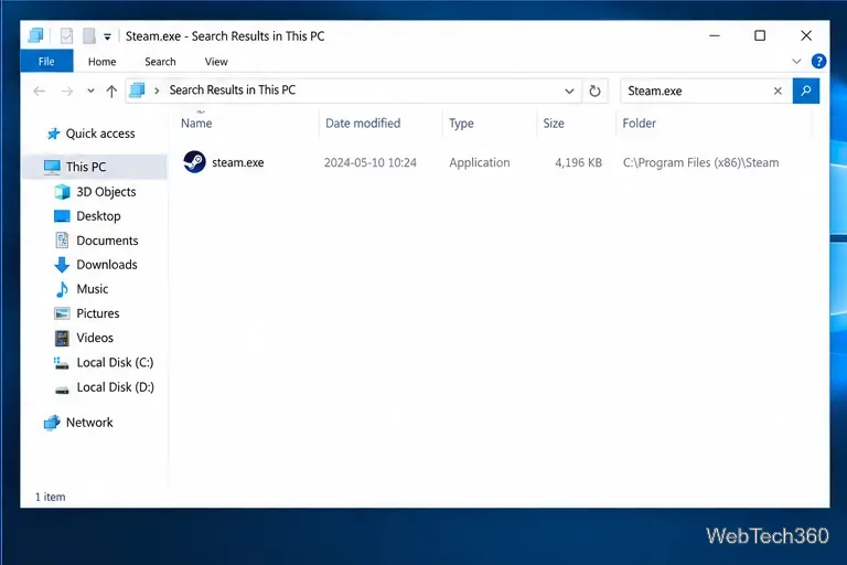 Explorator de fișiere Acest rezultat al căutării pe PC pentru Steam.exe este afișat cu folderul care îl conține.