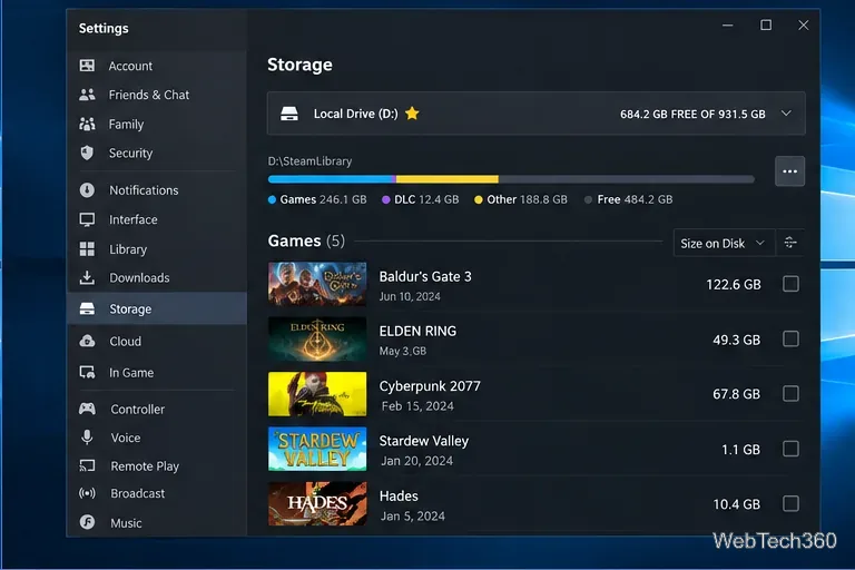 Pagina de stocare a setărilor Steam care afișează locația SteamLibrary pe o unitate D și jocurile instalate