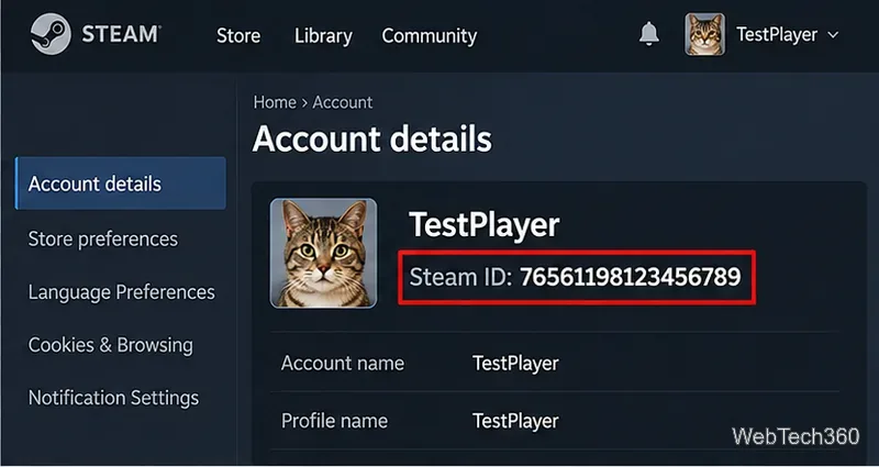 На странице с данными учетной записи Steam отображается 17-значный идентификатор Steam.
