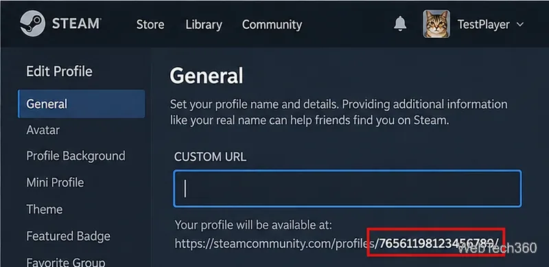 На странице редактирования профиля Steam отображается числовой URL-адрес профиля после очистки поля «Пользовательский URL-адрес».