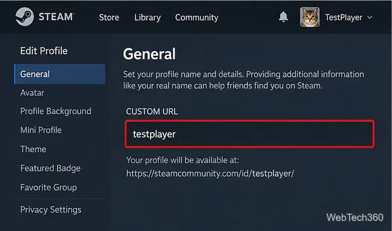Страница редактирования профиля Steam, отображающая пользовательский URL-адрес профиля.