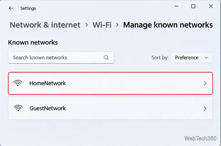 Página "Gerenciar redes conhecidas" do Windows 11 com a rede doméstica selecionada a partir dos perfis Wi-Fi salvos.