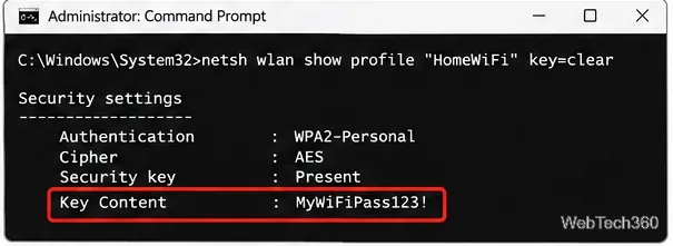 O prompt de comando exibe o comando `netsh wlan show profile` e uma linha de conteúdo importante nas configurações de segurança.