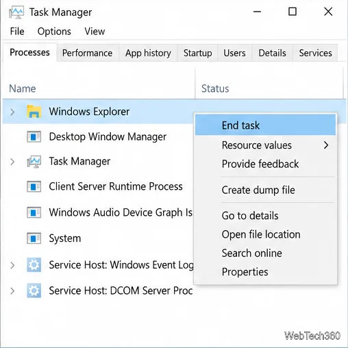 Диспетчер задач с выбранным Проводником Windows и видимой командой "Завершить задачу".