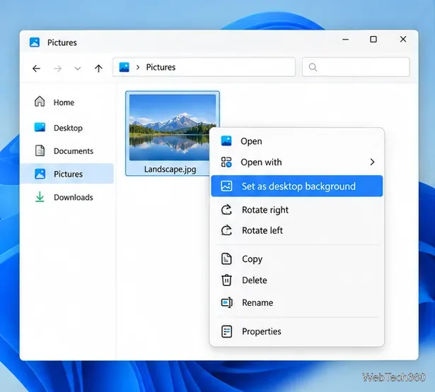Menu contextuel de l'explorateur de fichiers avec l'option « Définir comme arrière-plan du bureau » sélectionnée pour une image au format paysage.