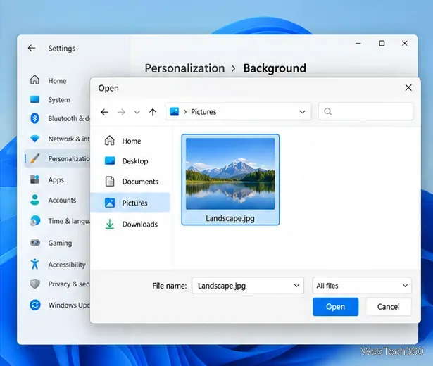 Paramètres d'arrière-plan de Windows derrière un sélecteur de fichiers avec une image de paysage locale sélectionnée dans Images.