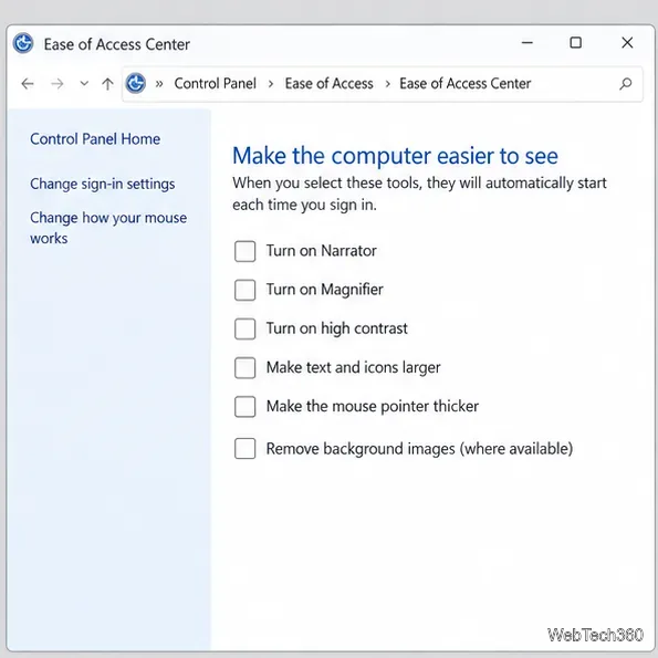 Panneau de configuration > Centre d'ergonomie > L'option « Supprimer les images d'arrière-plan » est décochée.