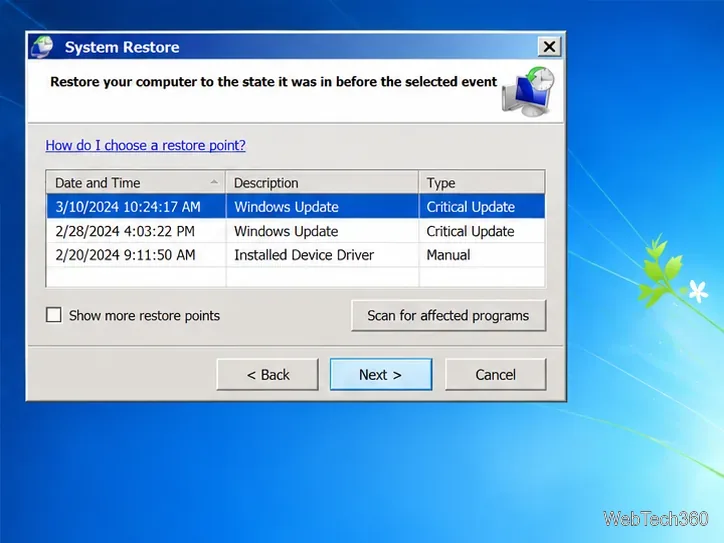 Illustration of Windows 7 System Restore with a restore point selected