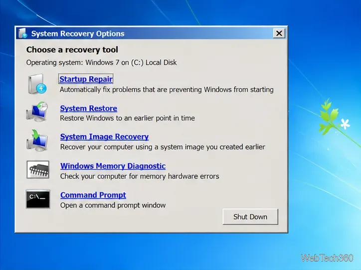Illustration of Windows 7 System Recovery Options with Startup Repair selected