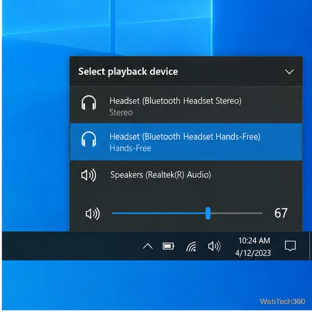 Windows 10 taskbar sound chooser showing stereo and hands-free headset profiles with Hands-Free selected