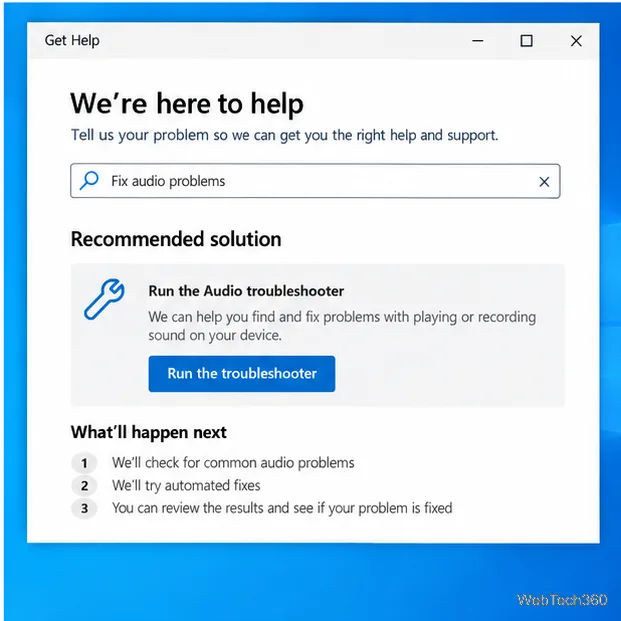 Windows 10 Get Help window offering to run an audio troubleshooter