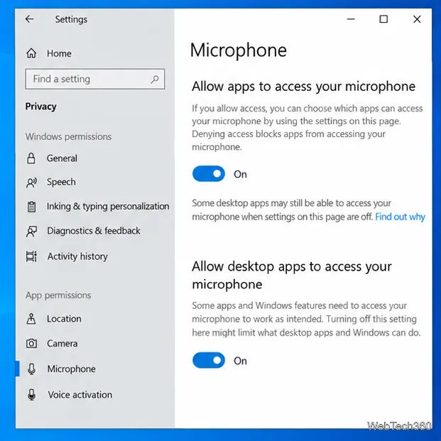 Windows 10 Microphone privacy page with app and desktop app access switches turned on
