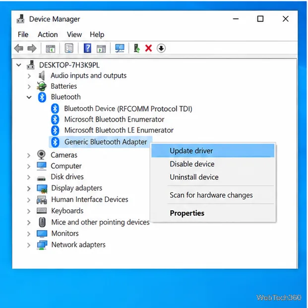Windows 10 Device Manager with the Bluetooth category expanded and Update driver selected for a generic adapter