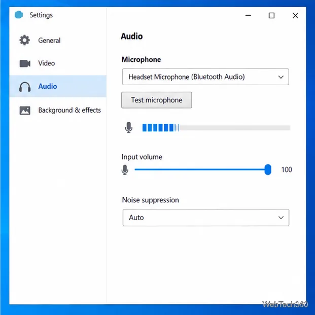 Generic call app audio settings with the Bluetooth headset selected as the microphone