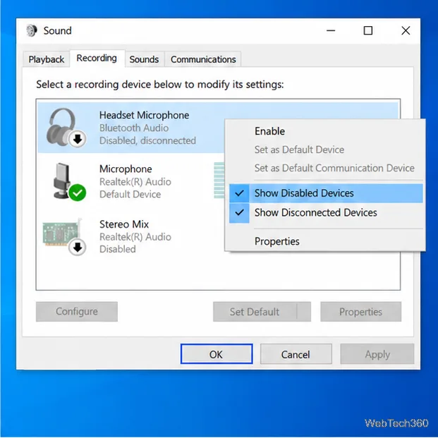 Windows 10 Recording tab with a disabled headset microphone and the Show Disabled Devices option