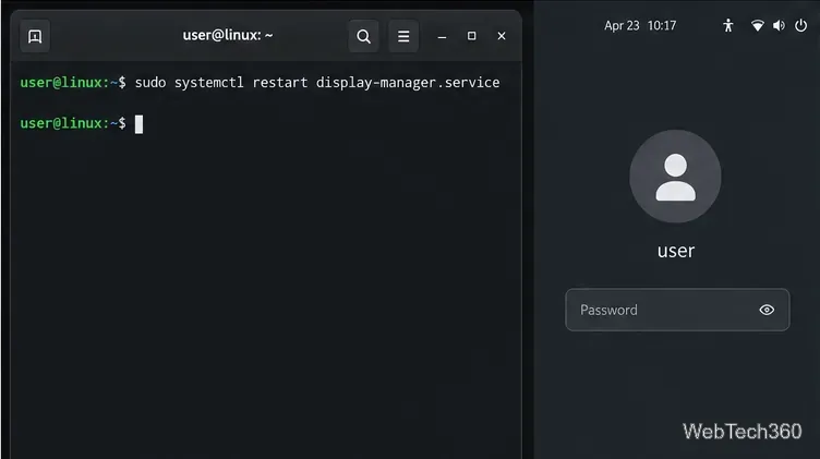 Un terminal exécute la commande systemctl restart à côté d'un panneau de connexion de style GNOME.
