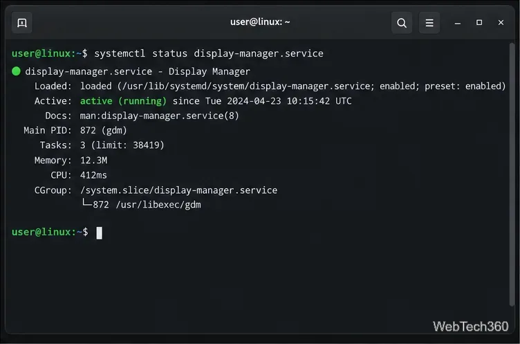 Un terminal vérifie display-manager.service et affiche quel gestionnaire d'affichage systemd est en cours d'exécution.