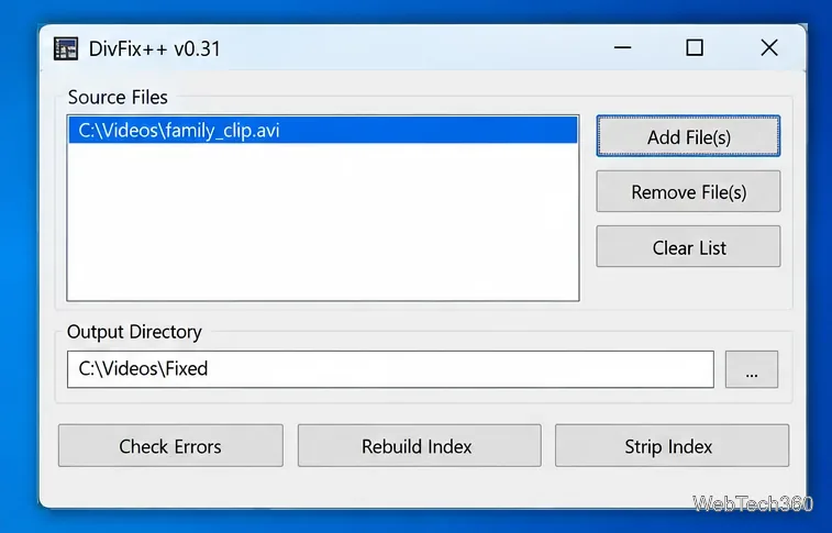 Fenêtre DivFix++ avec un fichier source AVI sélectionné et un répertoire de sortie Fixed séparé