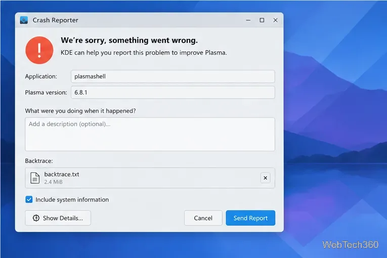The KDE Crash Reporter showing plasmashell, a Plasma version, and a backtrace field.
