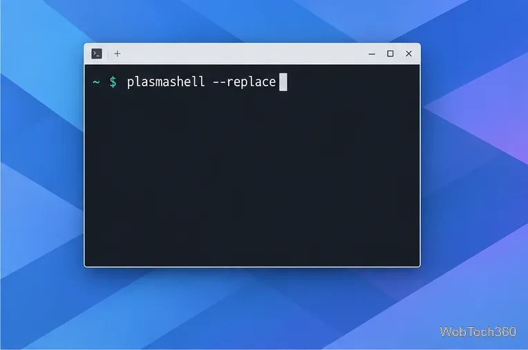 Konsole with the command plasmashell --replace entered at the prompt.