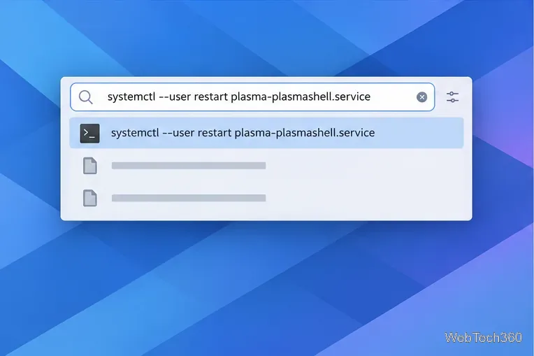 KRunner showing the systemd command to restart the Plasma shell service.