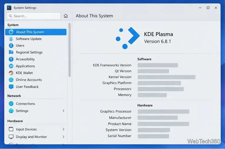 System Settings About This System page with the Plasma version shown and other details abstracted.