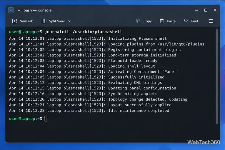 Konsole running journalctl /usr/bin/plasmashell and displaying shell log lines.