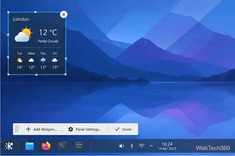 A Plasma desktop in panel edit mode with a widget selected.