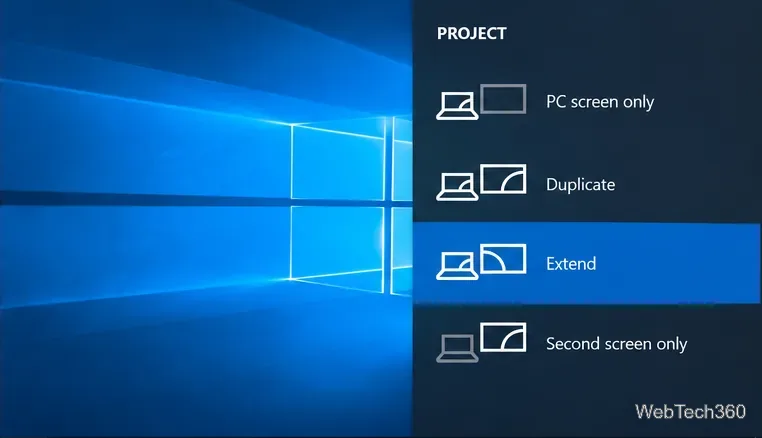 Windows 10 Project panel with Extend selected for an external monitor