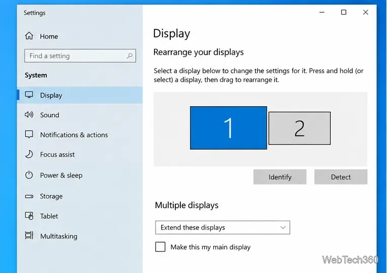 Windows 10 Display settings showing two monitors and the Detect button