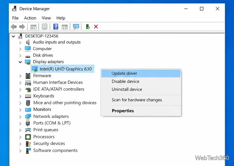 Windows 10 Device Manager with a graphics adapter selected and driver options visible
