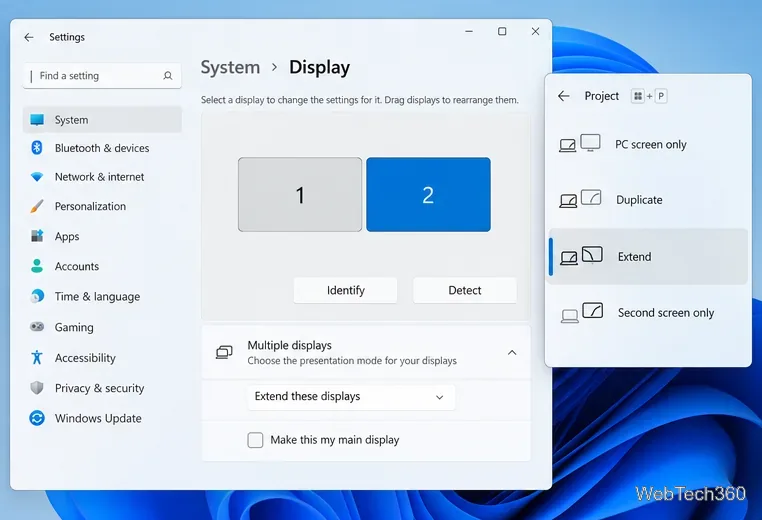 Параметры отображения Windows 11 с двумя мониторами, кнопка «Обнаружить» и выбранное расширение.