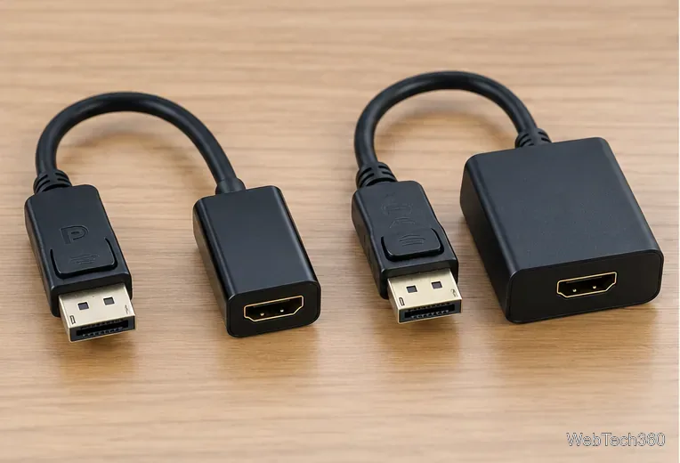 Два адаптера DisplayPort-to-HDMI, демонстрирующие различные конструкции адаптеров.